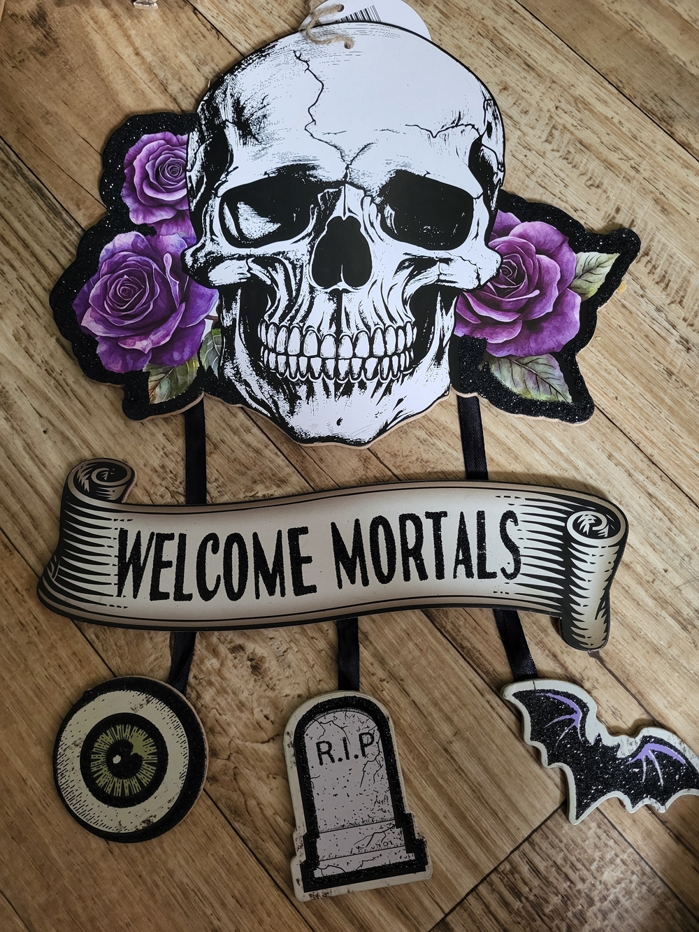 Welcome Mortals Skull Wall Hanging - Purple Roses Halloween Decor
